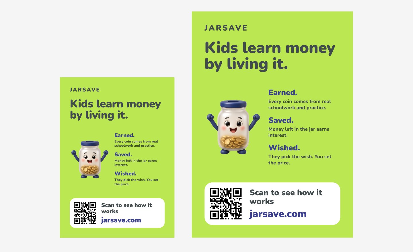 The A5 flyer and A3 poster: Jars, Kids learn money by living it, and a QR code