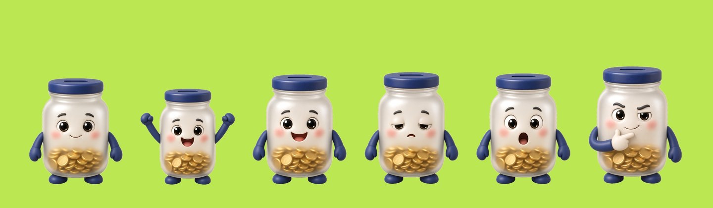 Jars calm, cheering, smiling, sleepy, surprised and thinking